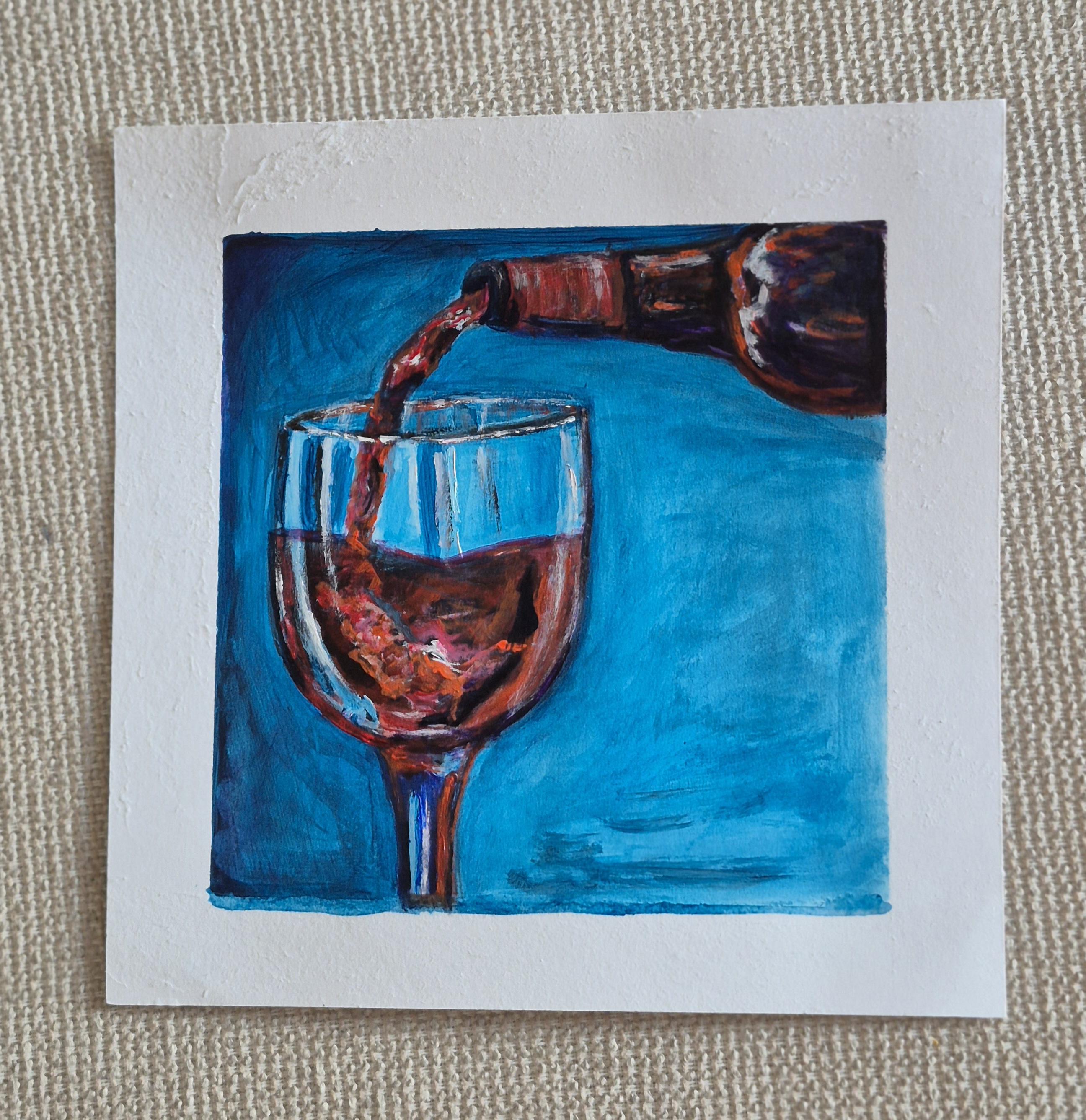Original Framed Wine Pour Painting, Acrylic Art (8x8)